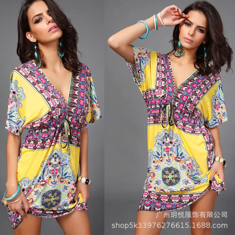European V-neck Silk Dress Plus Size Beach Wear