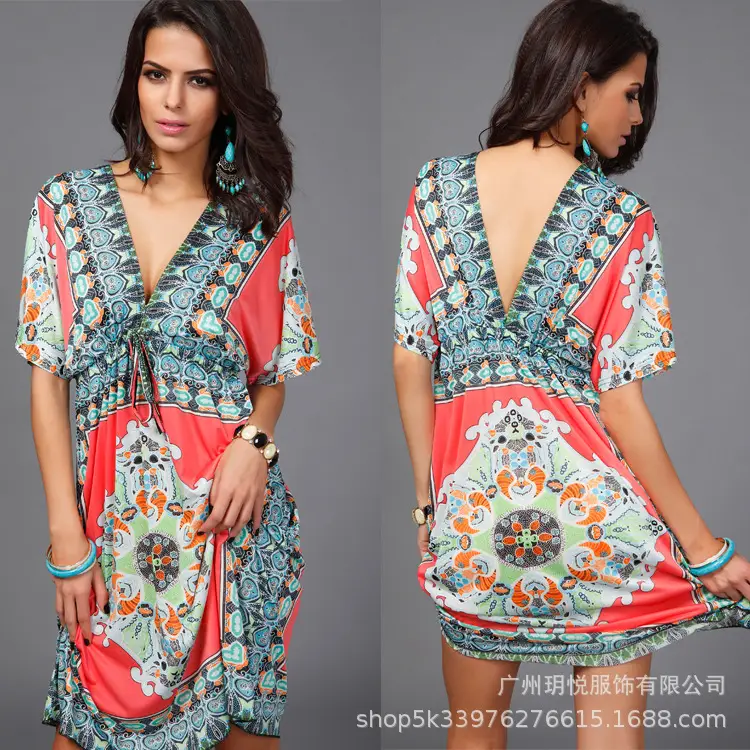 European V-neck Silk Dress Plus Size Beach Wear