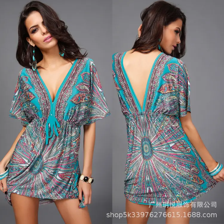 European V-neck Silk Dress Plus Size Beach Wear