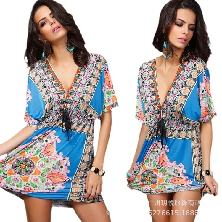 European V-neck Silk Dress Plus Size Beach Wear