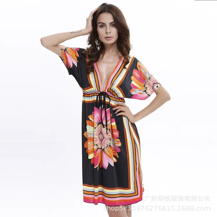 European V-neck Silk Dress Plus Size Beach Wear