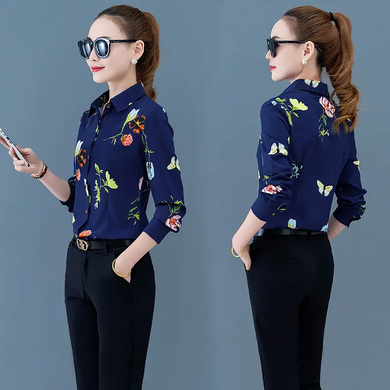 Spring New Dark Blue Floral Print Long Sleeve Women Shirt - Image 3