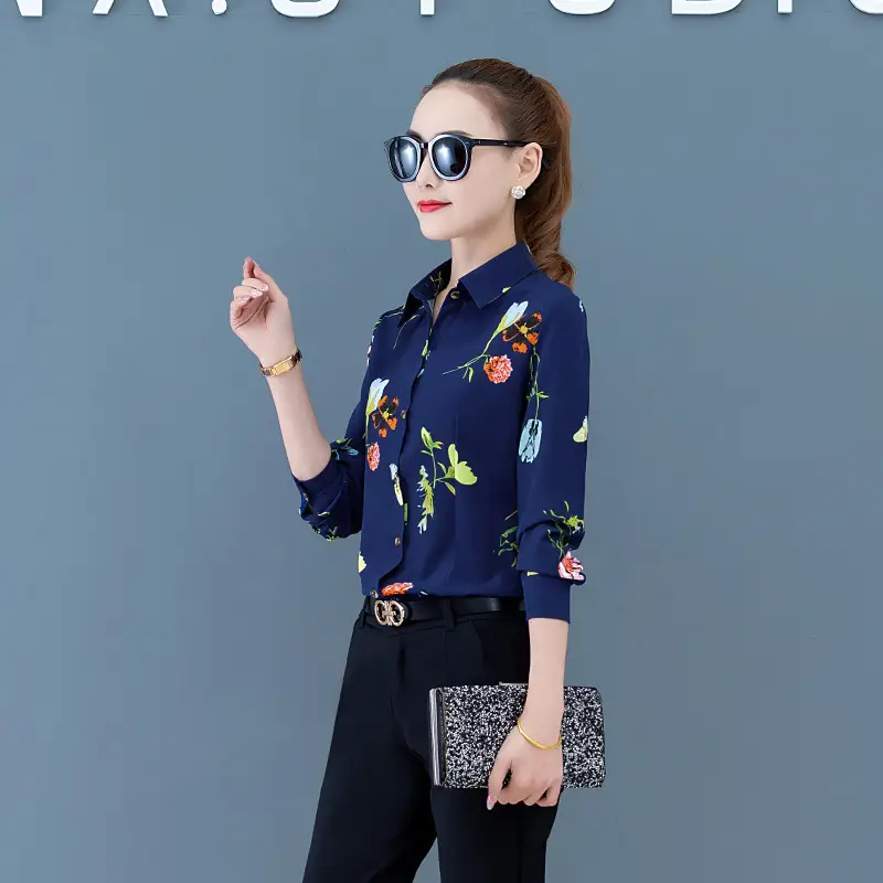 Spring New Dark Blue Floral Print Long Sleeve Women Shirt - Image 4