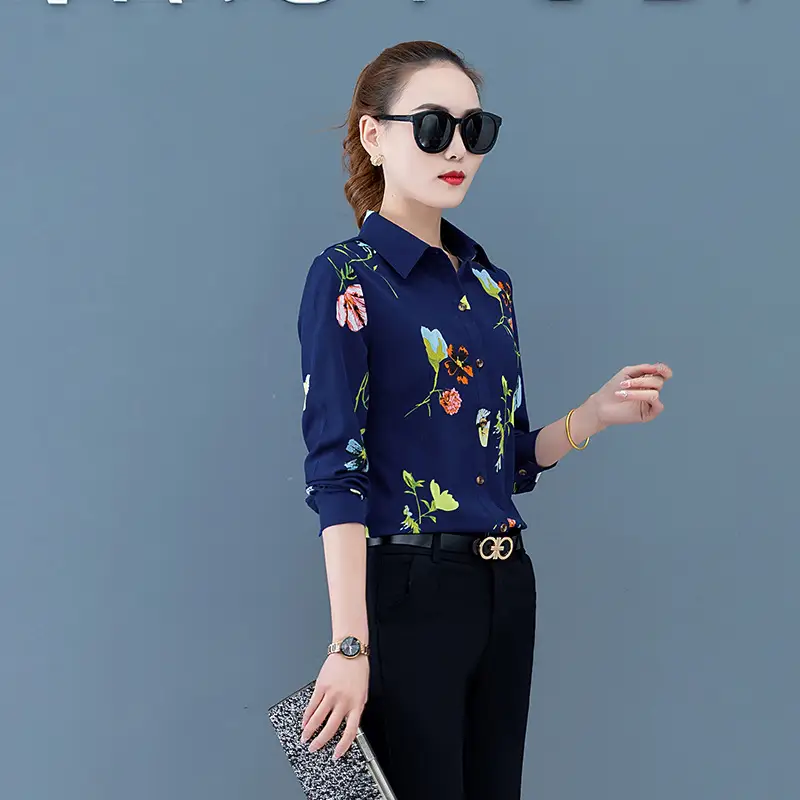 Spring New Dark Blue Floral Print Long Sleeve Women Shirt - Image 5