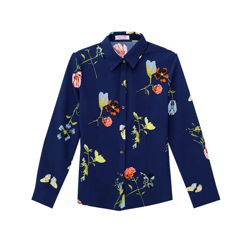 Spring New Dark Blue Floral Print Long Sleeve Women Shirt - Image 6