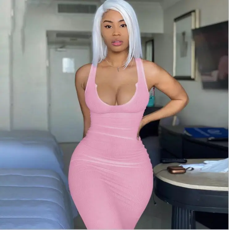 Pink Sleeveless U-Neck Slim Fit Dress for Women