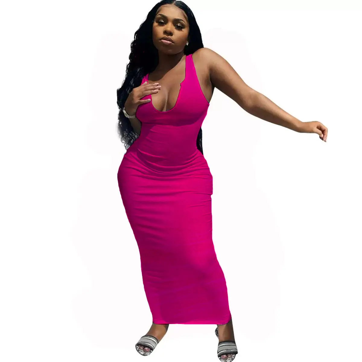 Pink Sleeveless U-Neck Slim Fit Dress for Women