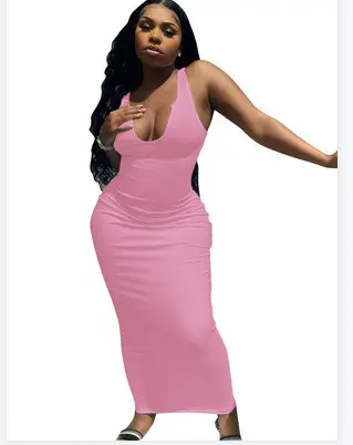 Pink Sleeveless U-Neck Slim Fit Dress for Women