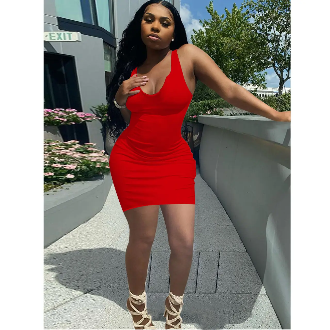 Pink Sleeveless U-Neck Slim Fit Dress for Women