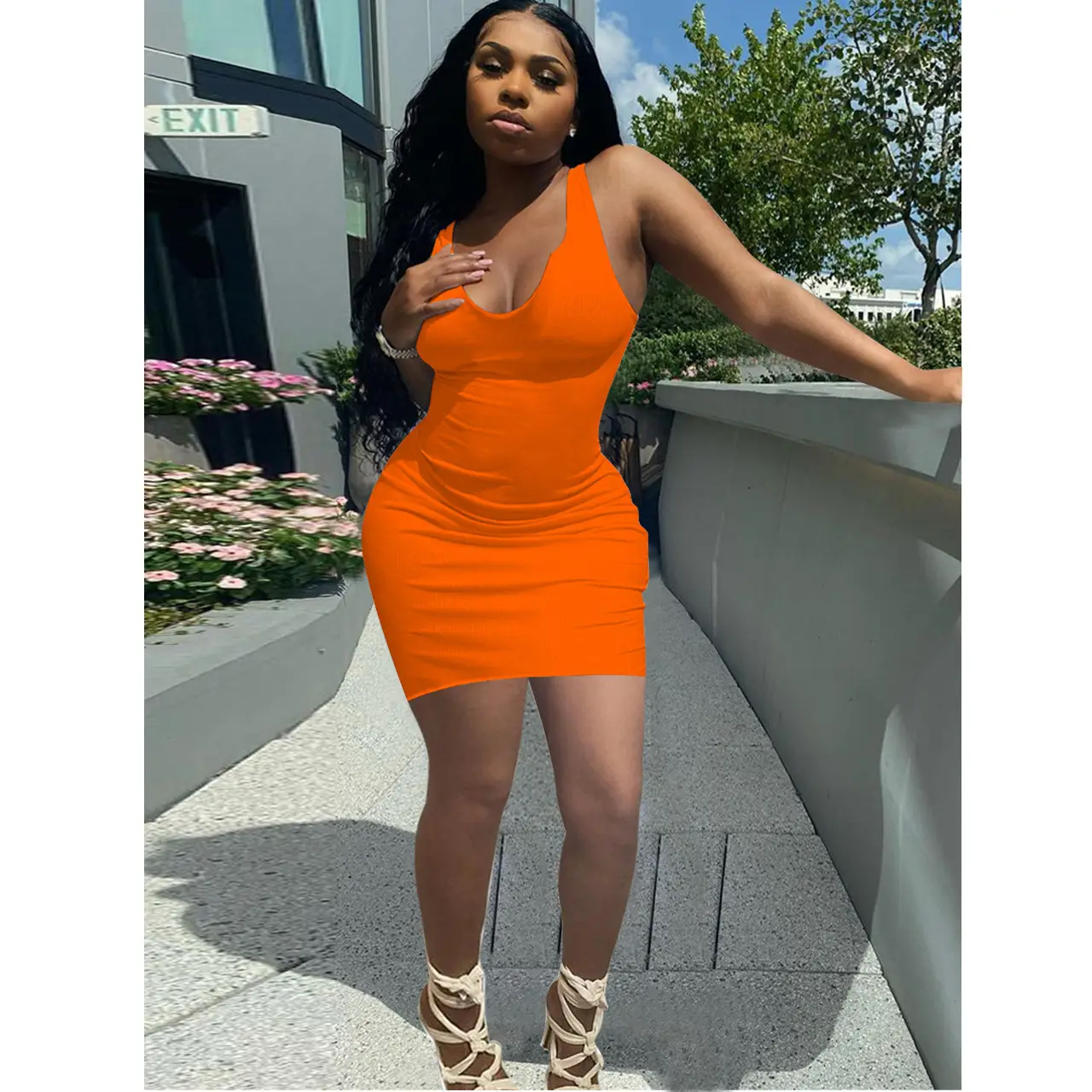 Pink Sleeveless U-Neck Slim Fit Dress for Women