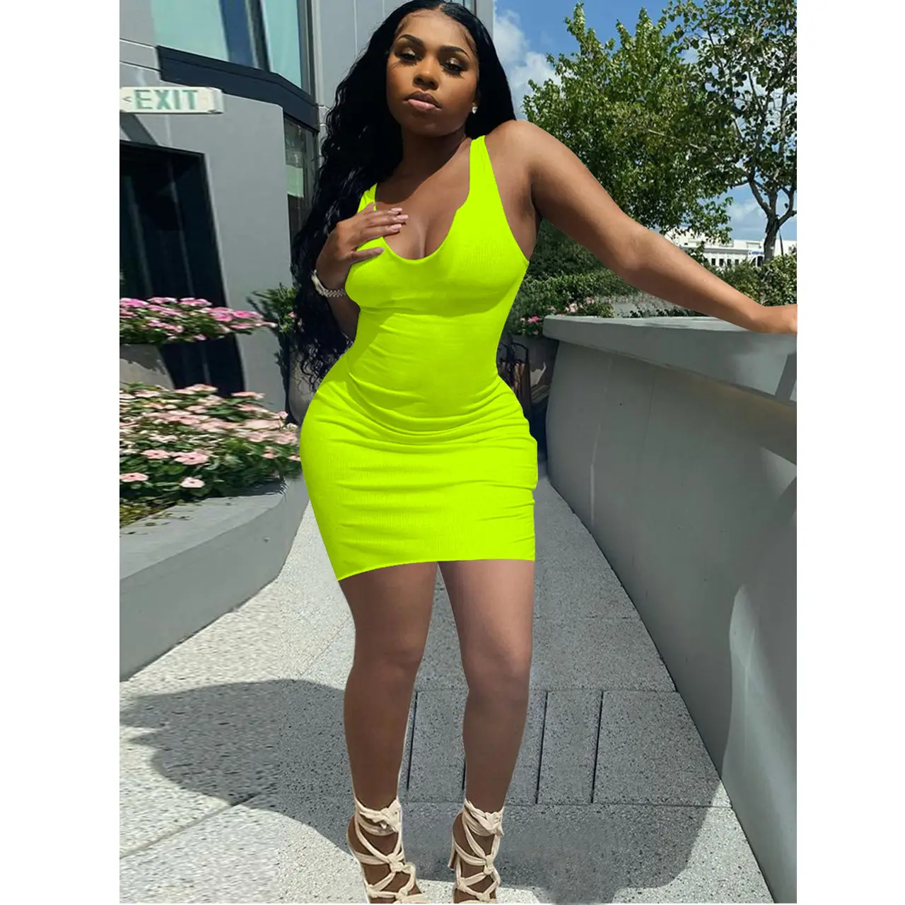 Pink Sleeveless U-Neck Slim Fit Dress for Women