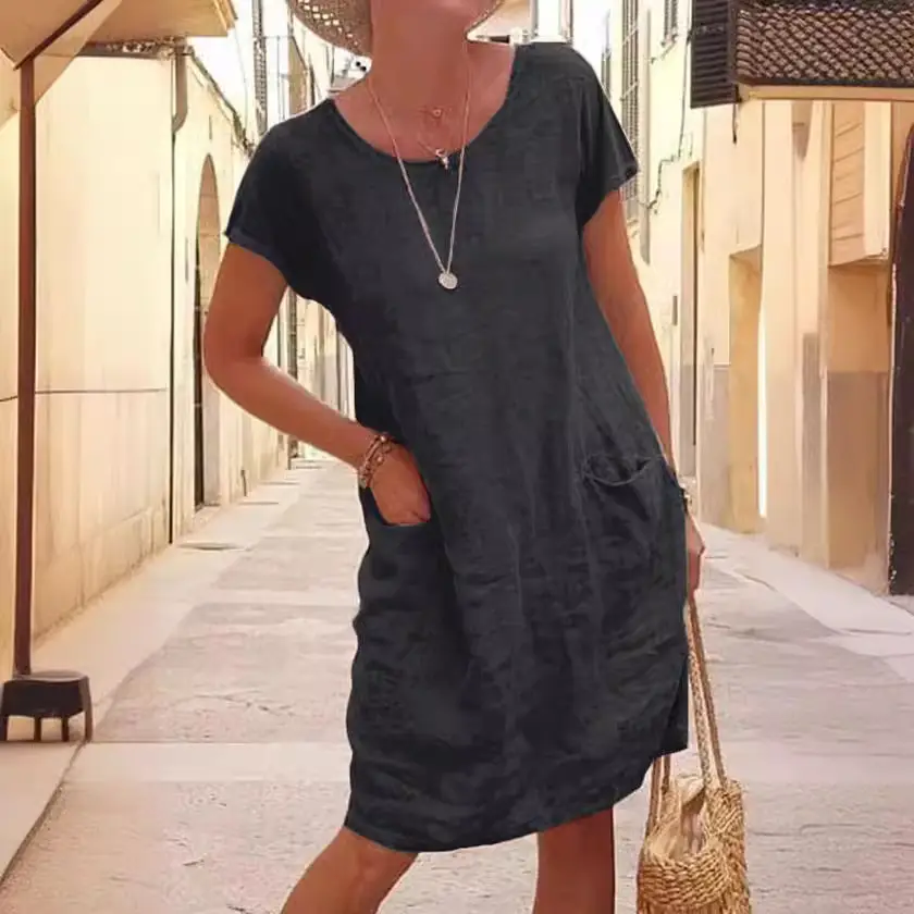 2026 Women's Loose Cotton Dress Black Short Sleeve Pocket