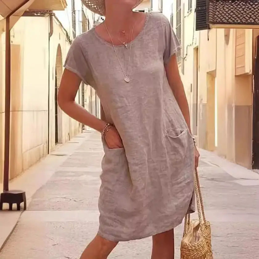 2026 Women's Loose Cotton Dress Black Short Sleeve Pocket