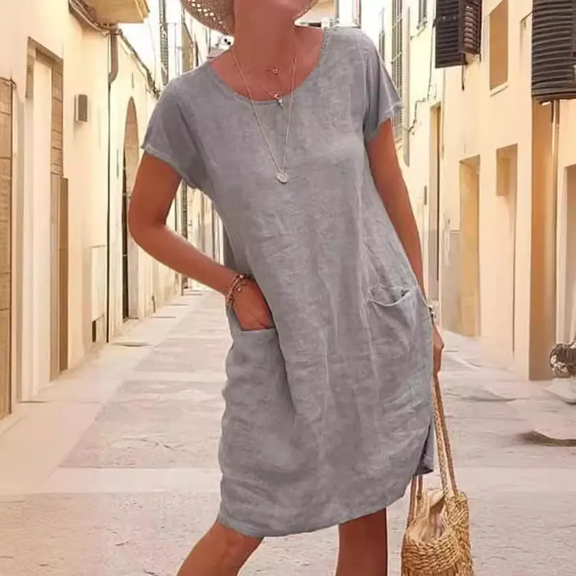 2026 Women's Loose Cotton Dress Black Short Sleeve Pocket