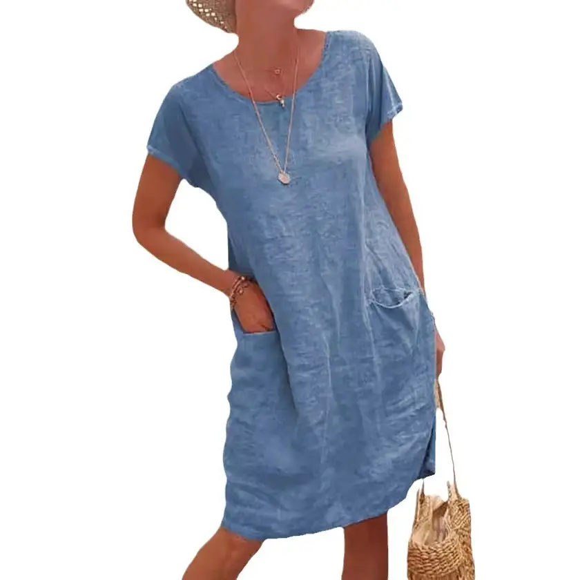 2026 Women's Loose Cotton Dress Black Short Sleeve Pocket