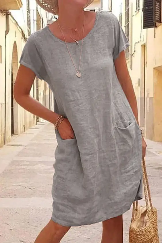 2026 Women's Loose Cotton Dress Black Short Sleeve Pocket
