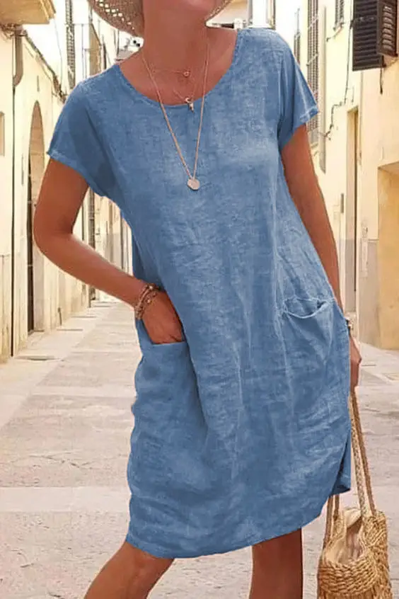2026 Women's Loose Cotton Dress Black Short Sleeve Pocket