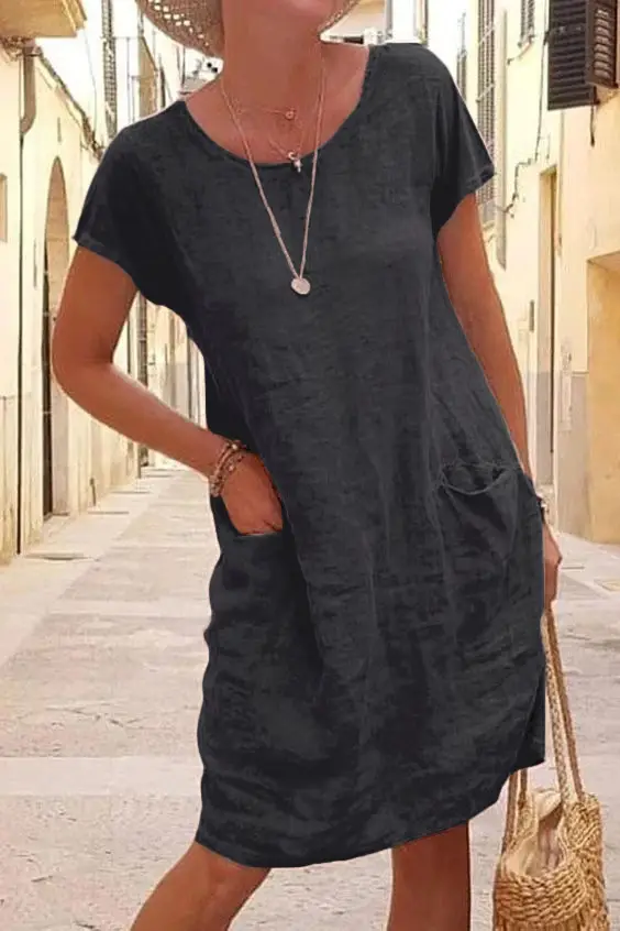 2026 Women's Loose Cotton Dress Black Short Sleeve Pocket
