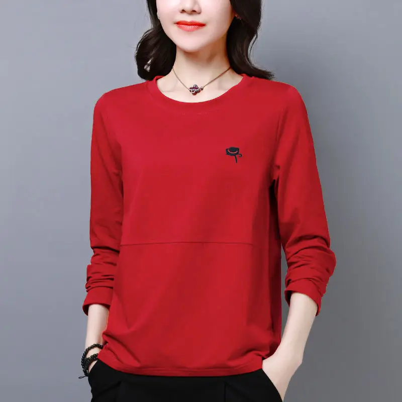 Women Red Long Sleeve T-Shirt Plus Size Korean Style - Image 2