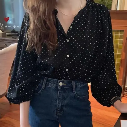 Women's Black Dot Chiffon Long Sleeve Shirt - Image 2