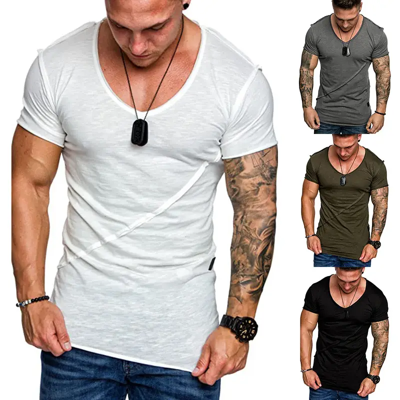 Men White V-Neck Short Sleeve T-Shirt Large - Image 8