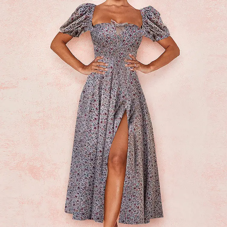 Blue Slit Long Dress for Women Spring Wear