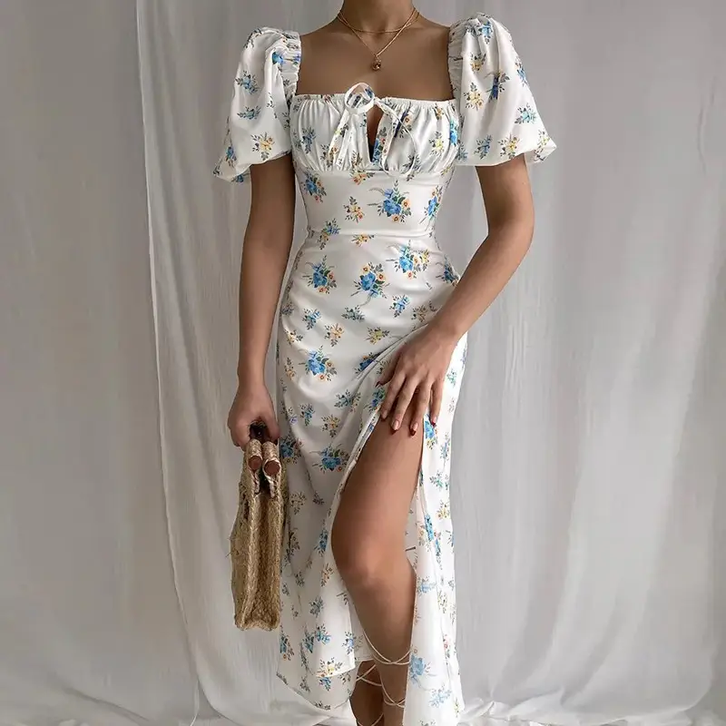 Blue Slit Long Dress for Women Spring Wear