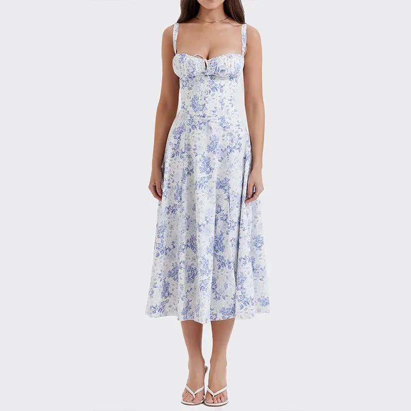 Blue Slit Long Dress for Women Spring Wear