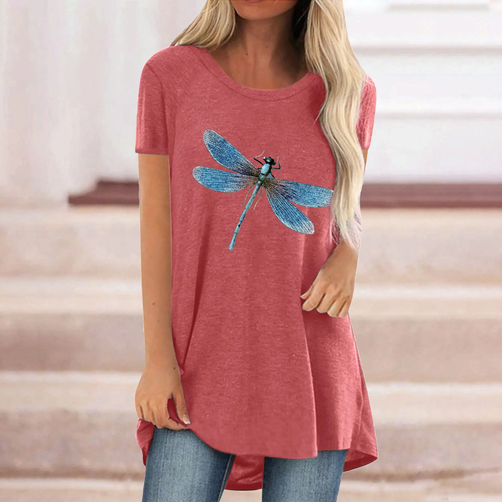 Women Blue Dragonfly Print Plus Size T-Shirt - Image 9