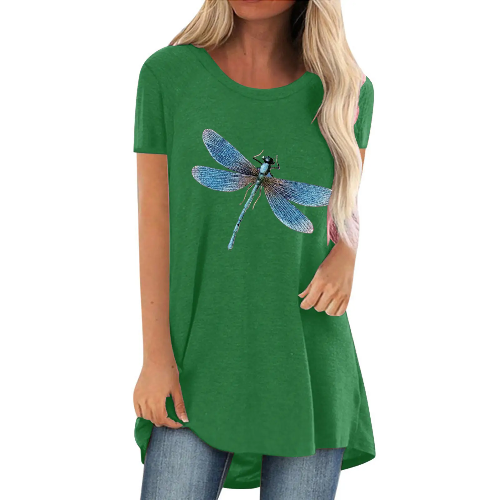 Women Blue Dragonfly Print Plus Size T-Shirt - Image 2
