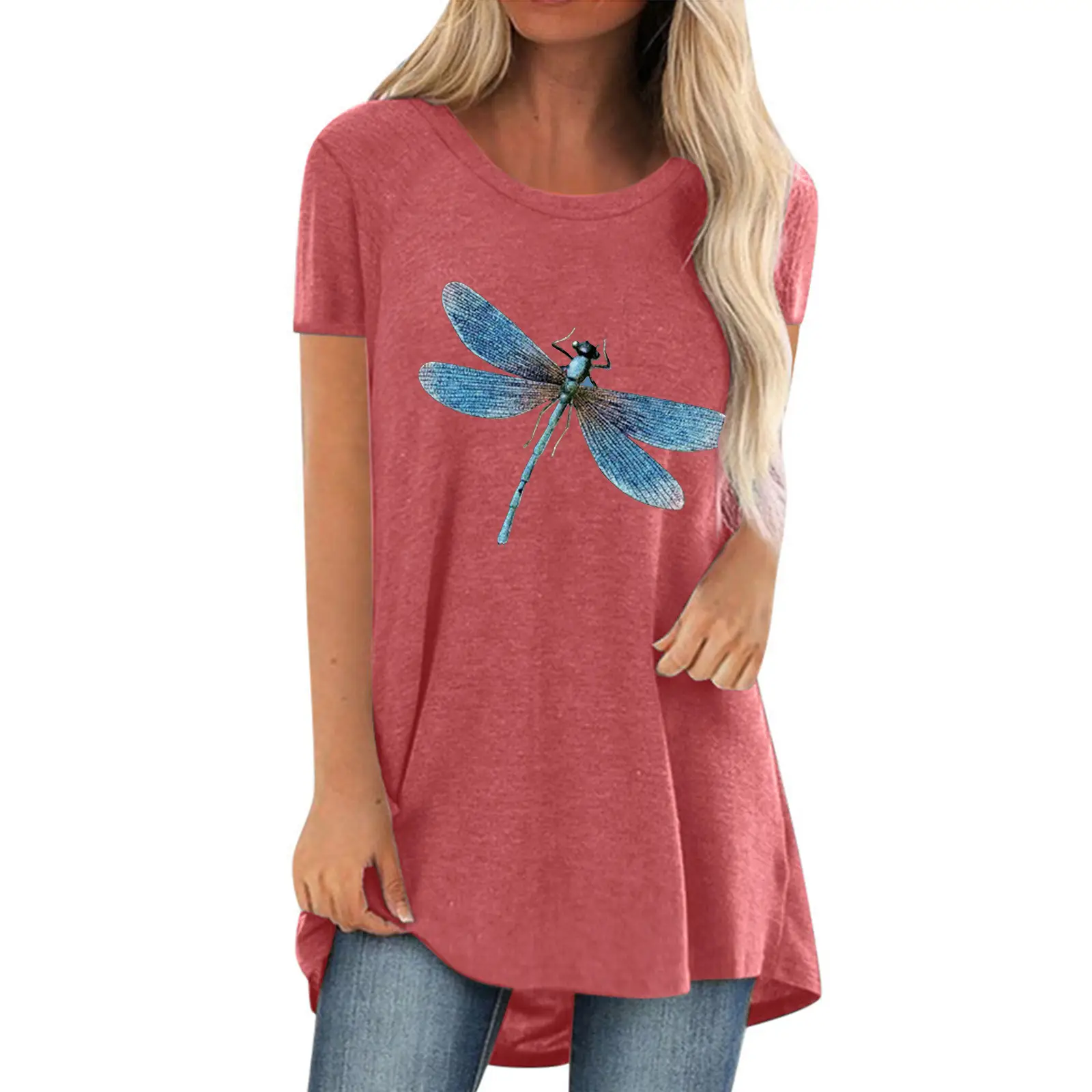 Women Blue Dragonfly Print Plus Size T-Shirt - Image 5