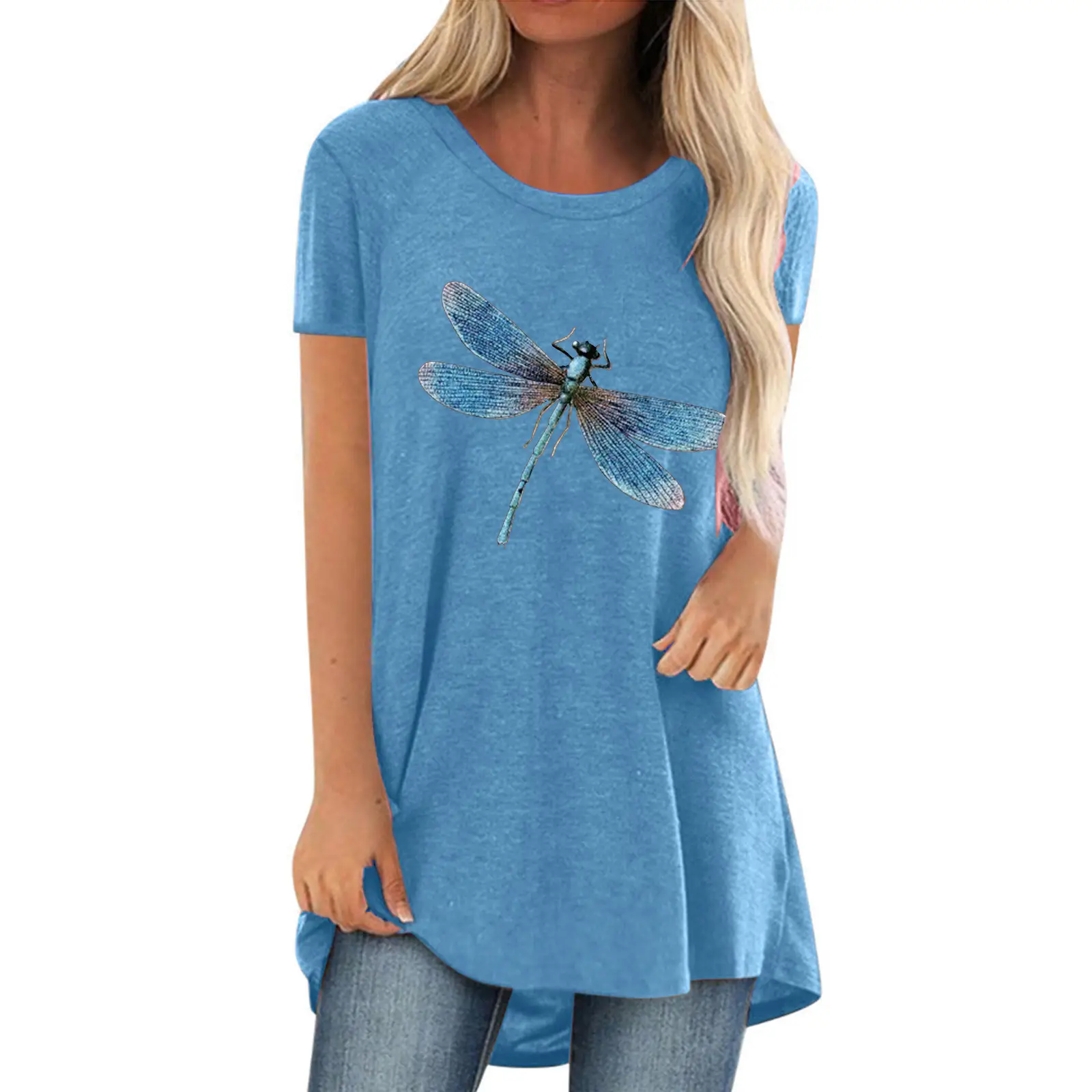 Women Blue Dragonfly Print Plus Size T-Shirt - Image 6
