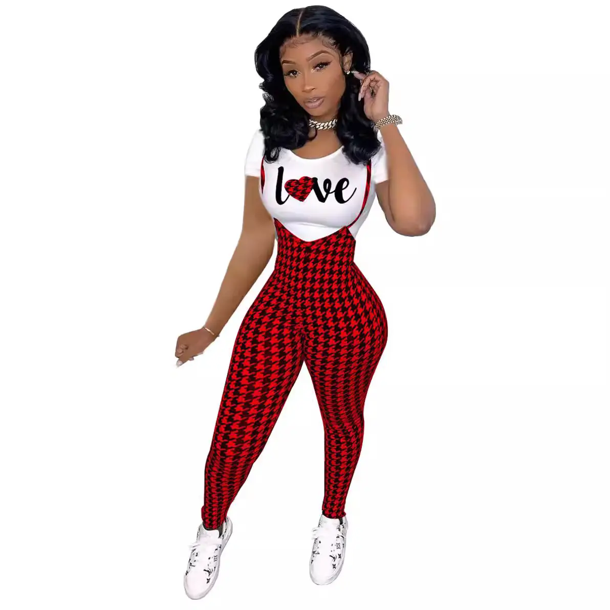 Women Printed Three Quarter Sleeve Suit Red Plaid Pants White Sneakers