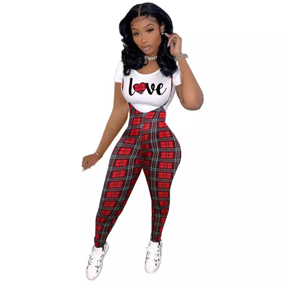 Women Printed Three Quarter Sleeve Suit Red Plaid Pants White Sneakers