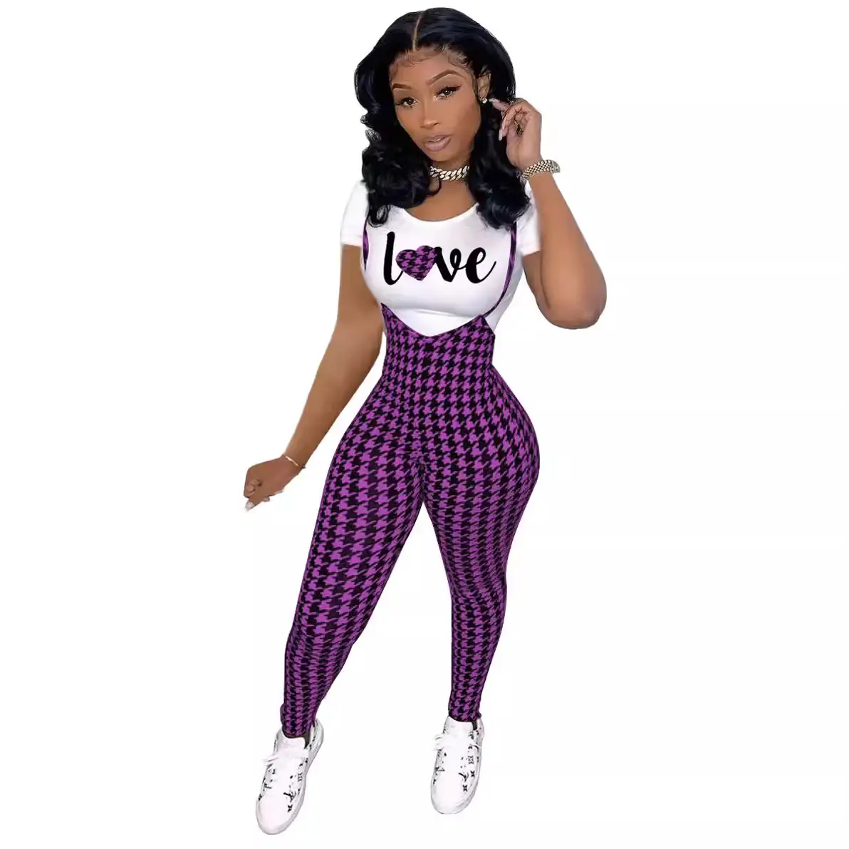 Women Printed Three Quarter Sleeve Suit Red Plaid Pants White Sneakers