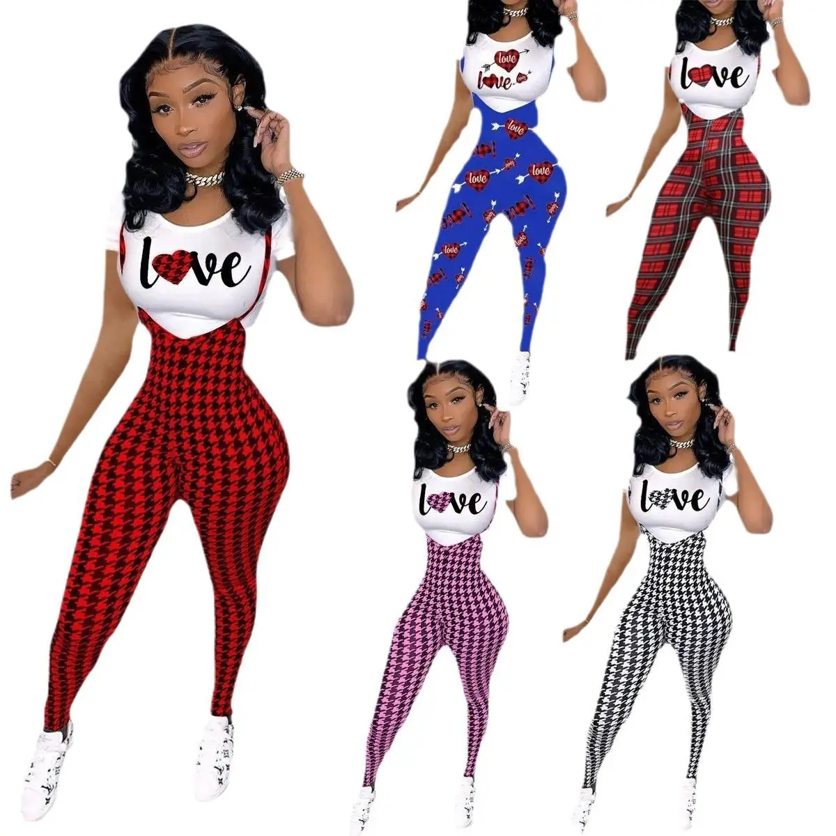 Women Printed Three Quarter Sleeve Suit Red Plaid Pants White Sneakers