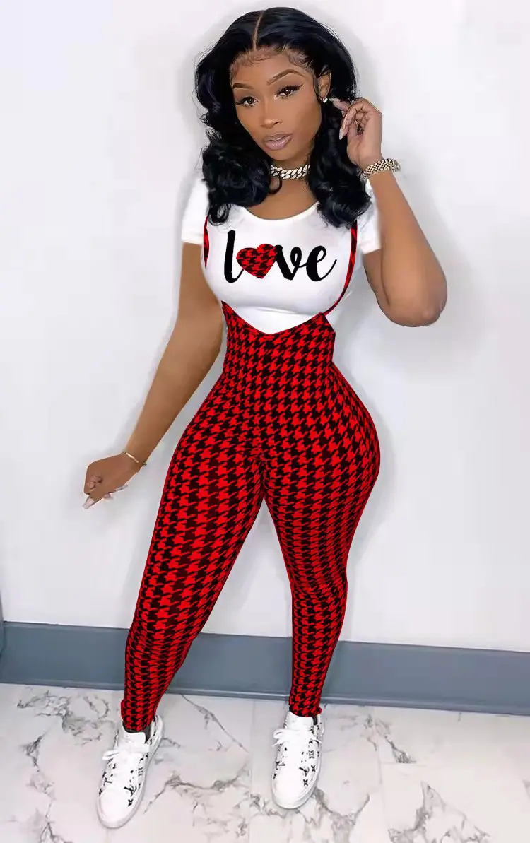 Women Printed Three Quarter Sleeve Suit Red Plaid Pants White Sneakers — feature 10