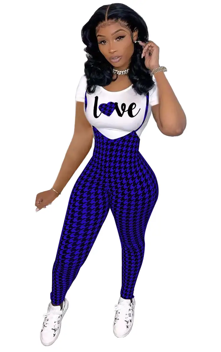 Women Printed Three Quarter Sleeve Suit Red Plaid Pants White Sneakers — feature 12