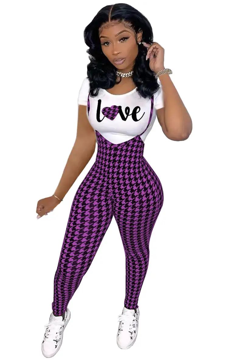 Women Printed Three Quarter Sleeve Suit Red Plaid Pants White Sneakers — feature 13
