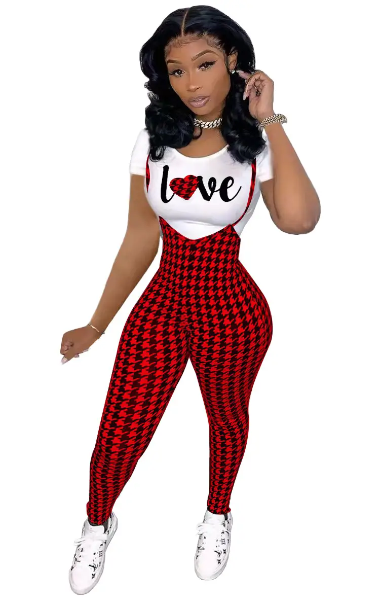 Women Printed Three Quarter Sleeve Suit Red Plaid Pants White Sneakers — feature 14