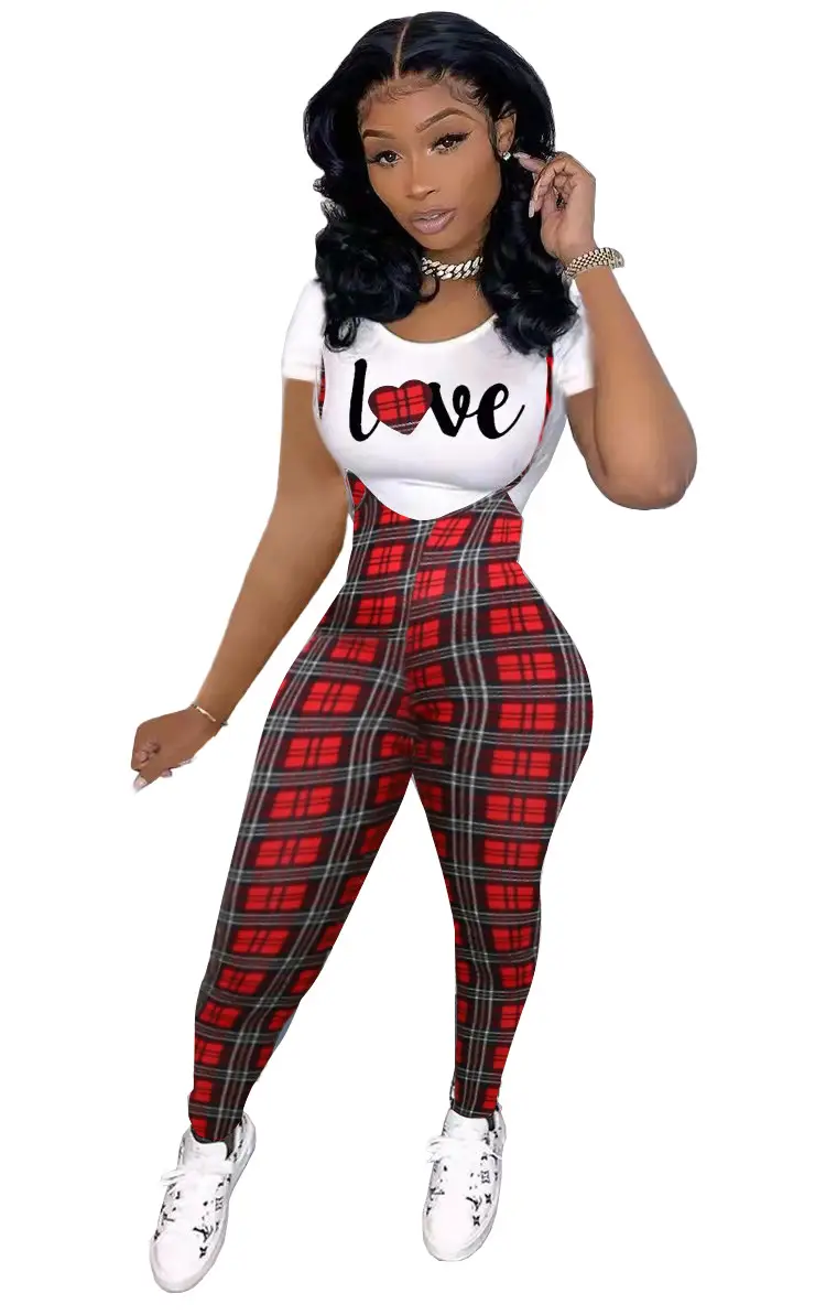 Women Printed Three Quarter Sleeve Suit Red Plaid Pants White Sneakers — feature 16