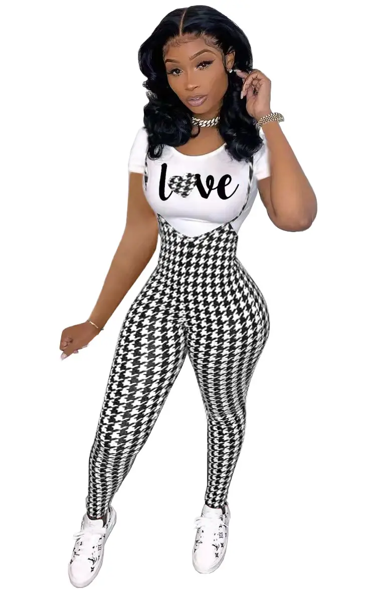 Women Printed Three Quarter Sleeve Suit Red Plaid Pants White Sneakers — feature 17