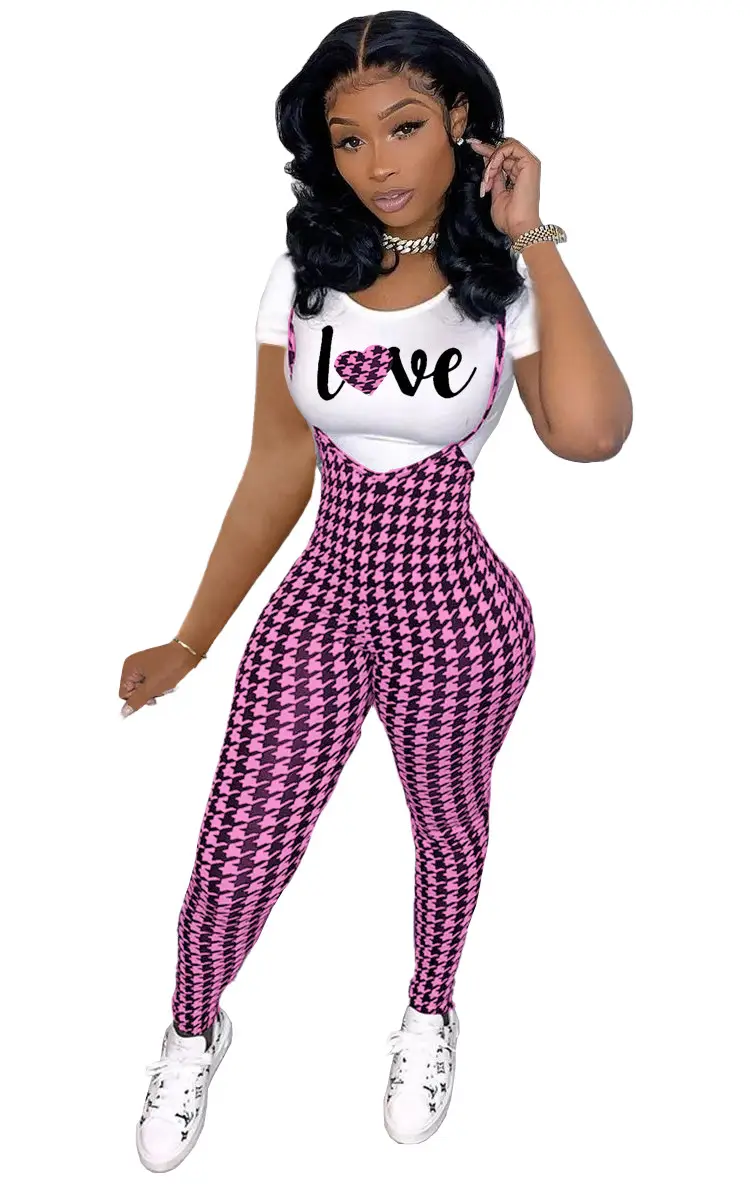 Women Printed Three Quarter Sleeve Suit Red Plaid Pants White Sneakers — feature 18