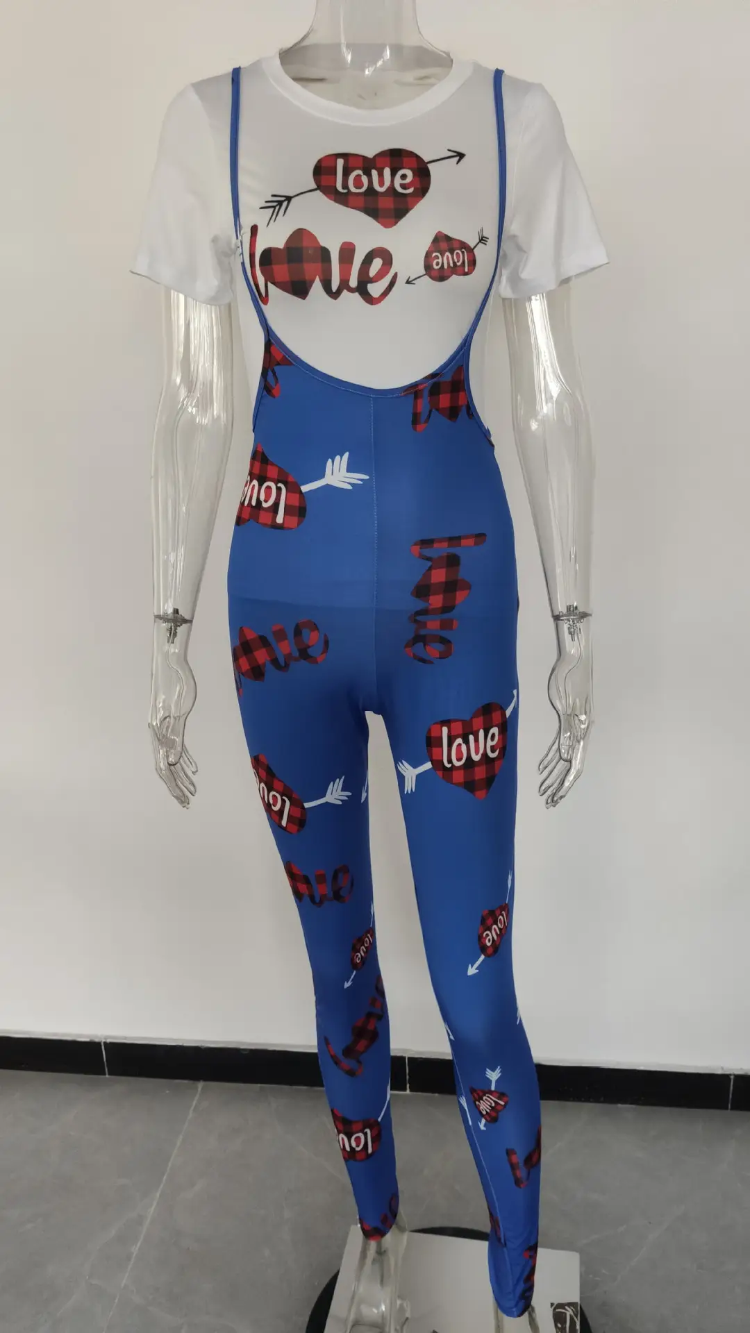 Women Printed Three Quarter Sleeve Suit Red Plaid Pants White Sneakers — feature 21