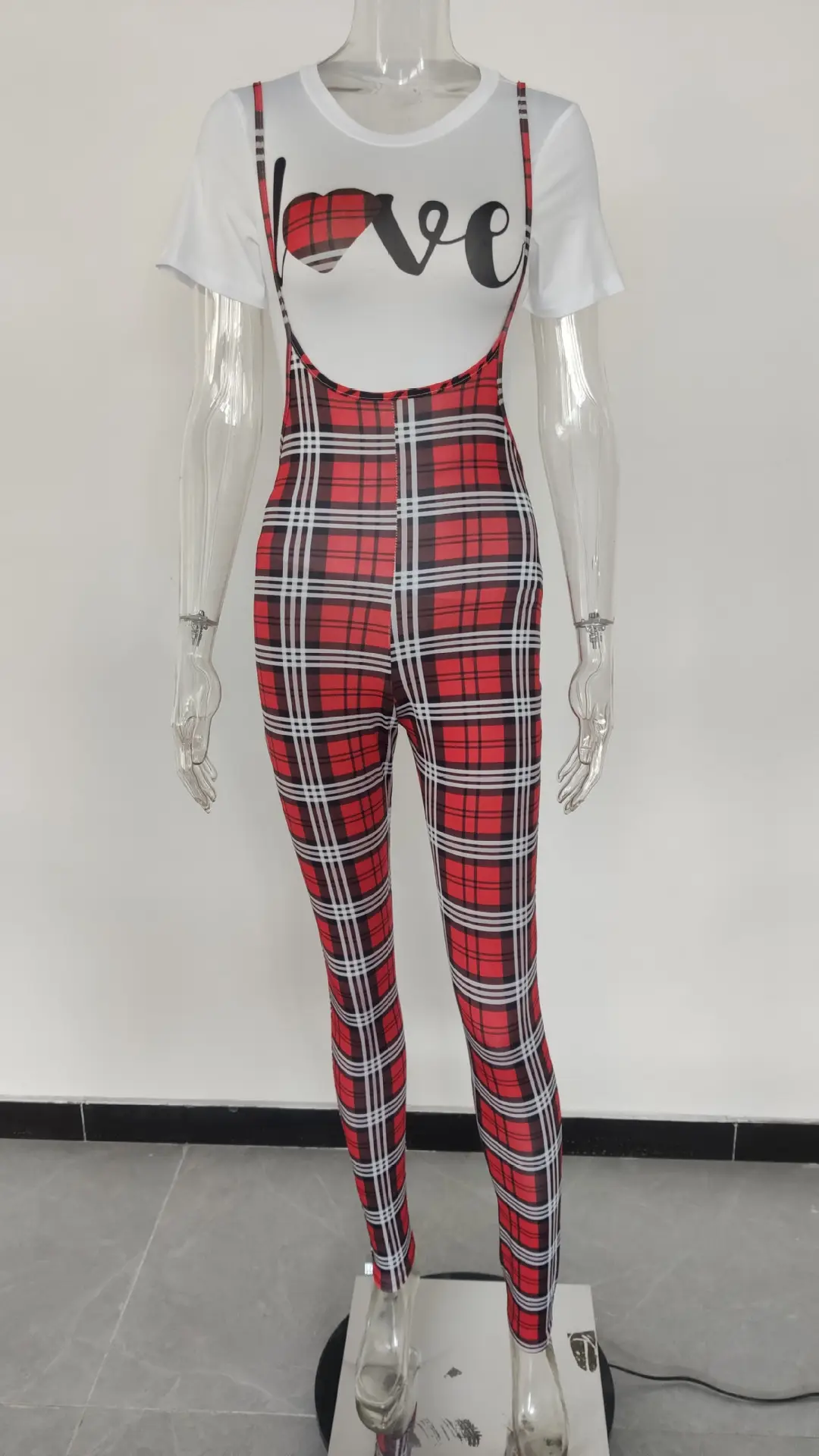 Women Printed Three Quarter Sleeve Suit Red Plaid Pants White Sneakers — feature 22