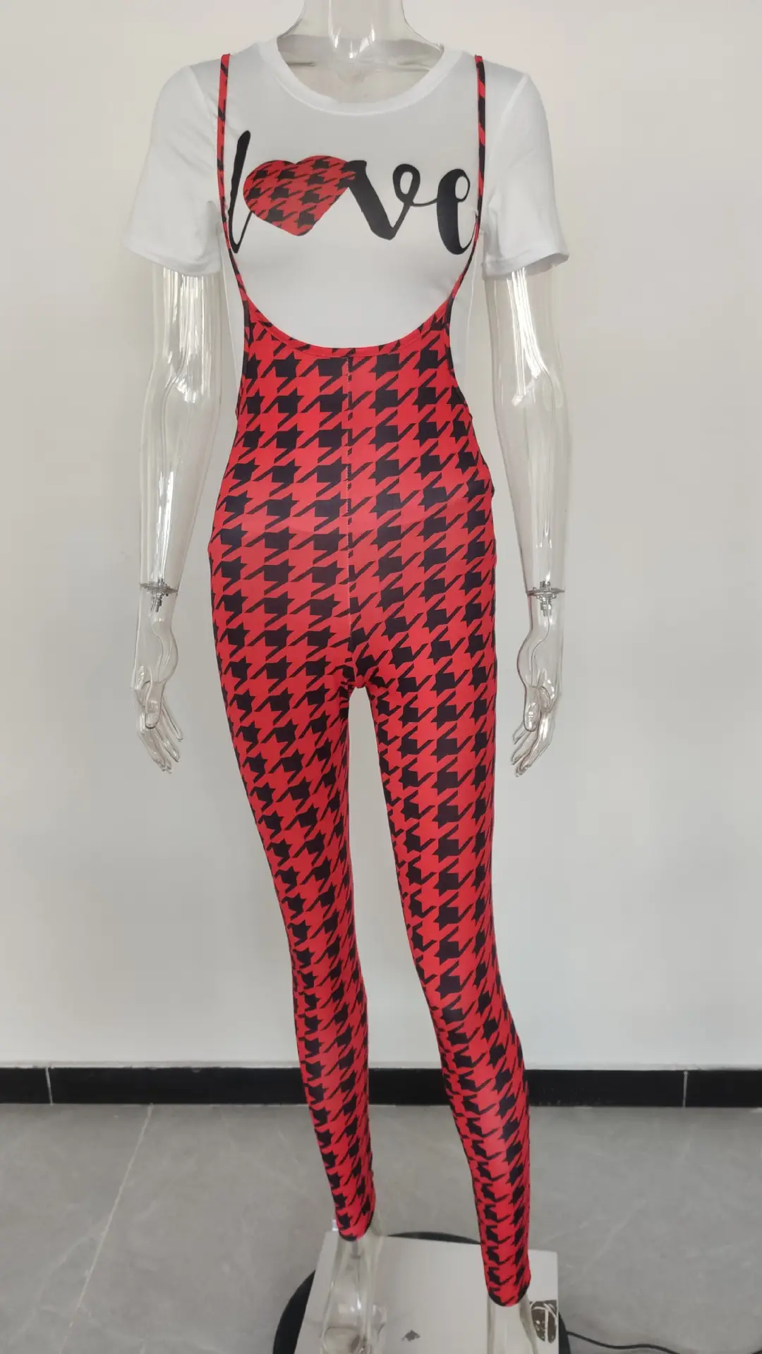 Women Printed Three Quarter Sleeve Suit Red Plaid Pants White Sneakers — feature 23