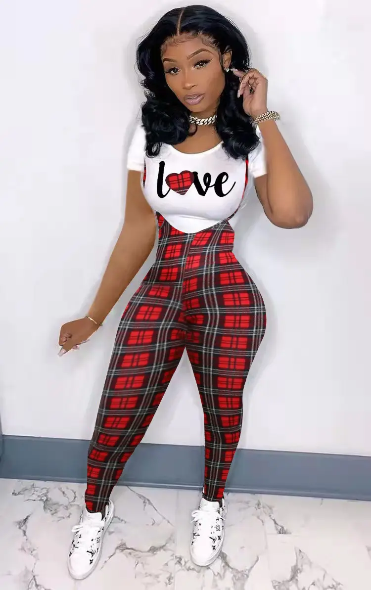 Women Printed Three Quarter Sleeve Suit Red Plaid Pants White Sneakers — feature 5