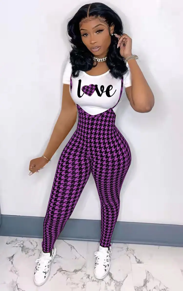 Women Printed Three Quarter Sleeve Suit Red Plaid Pants White Sneakers — feature 6