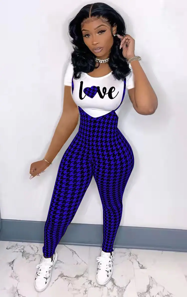 Women Printed Three Quarter Sleeve Suit Red Plaid Pants White Sneakers — feature 7