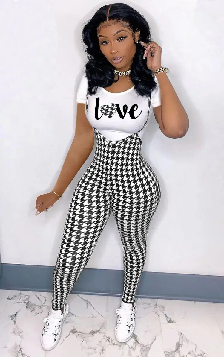 Women Printed Three Quarter Sleeve Suit Red Plaid Pants White Sneakers — feature 8